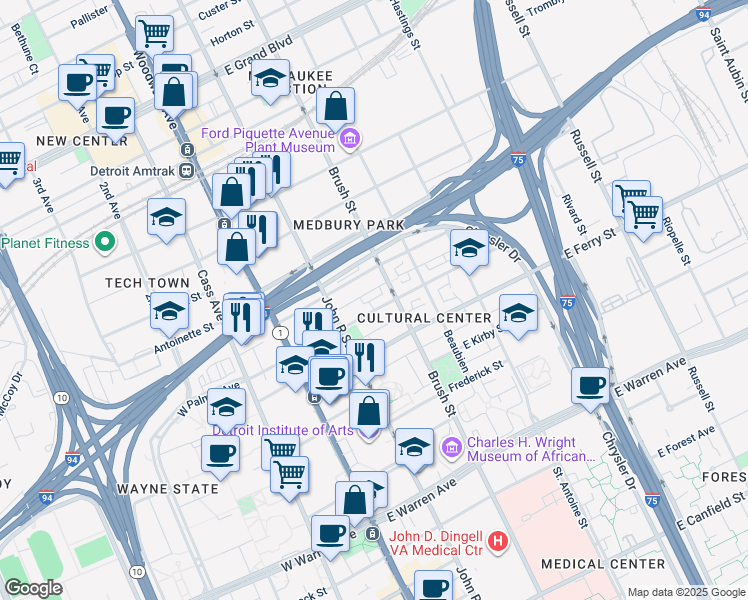 map of restaurants, bars, coffee shops, grocery stores, and more near in Detroit