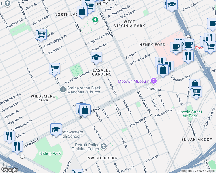 map of restaurants, bars, coffee shops, grocery stores, and more near 7470 14th Street in Detroit