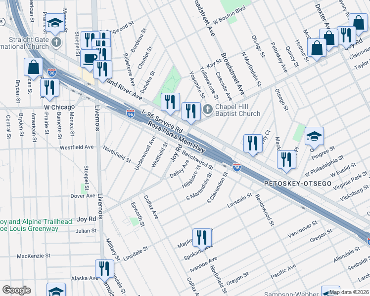 map of restaurants, bars, coffee shops, grocery stores, and more near 5200 Joy Road in Detroit