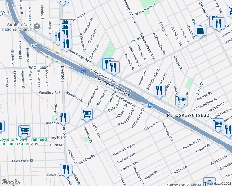 map of restaurants, bars, coffee shops, grocery stores, and more near 5200 Joy Road in Detroit