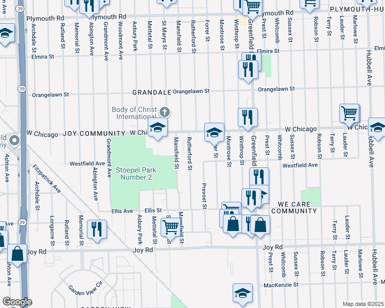 map of restaurants, bars, coffee shops, grocery stores, and more near 9358 Rutherford Street in Detroit
