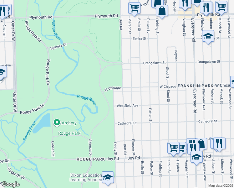 map of restaurants, bars, coffee shops, grocery stores, and more near 20941 West Chicago in Detroit