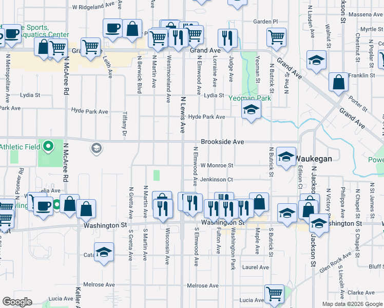 map of restaurants, bars, coffee shops, grocery stores, and more near 1805 Brookside Avenue in Waukegan