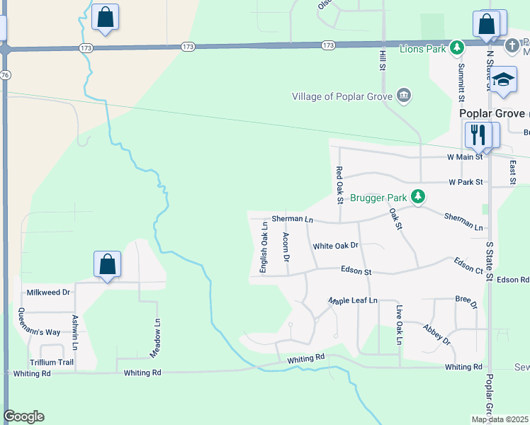 map of restaurants, bars, coffee shops, grocery stores, and more near 440 Sherman Lane in Poplar Grove