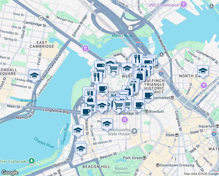map of restaurants, bars, coffee shops, grocery stores, and more near Blossom St & Blossom Ct in Boston