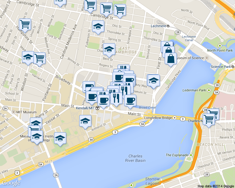 map of restaurants, bars, coffee shops, grocery stores, and more near 295 Third Street in Cambridge