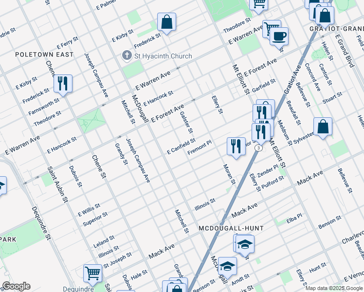 map of restaurants, bars, coffee shops, grocery stores, and more near East Canfield Street in Detroit