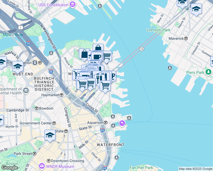 map of restaurants, bars, coffee shops, grocery stores, and more near 302-304 North Street in Boston