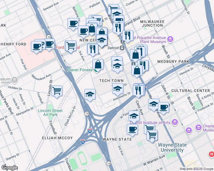map of restaurants, bars, coffee shops, grocery stores, and more near 6136 2nd Avenue in Detroit