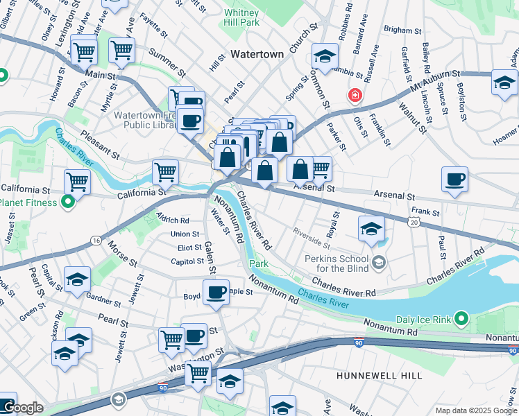 map of restaurants, bars, coffee shops, grocery stores, and more near 20 Riverside Street in Watertown
