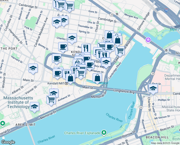 map of restaurants, bars, coffee shops, grocery stores, and more near 500 Kendall Street in Cambridge