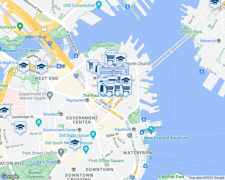 map of restaurants, bars, coffee shops, grocery stores, and more near 276-278 Hanover Street in Boston