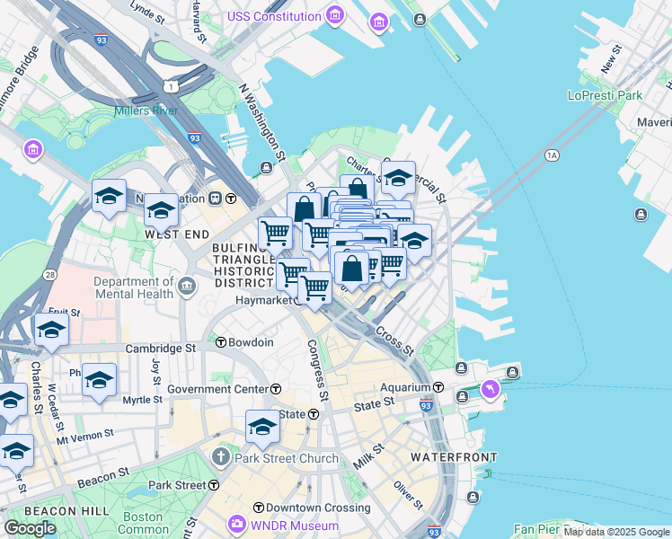 map of restaurants, bars, coffee shops, grocery stores, and more near 21 Cooper Street in Boston