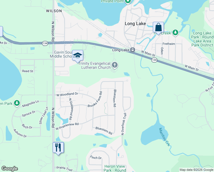 map of restaurants, bars, coffee shops, grocery stores, and more near 25544 Brooks Farm Road in Round Lake