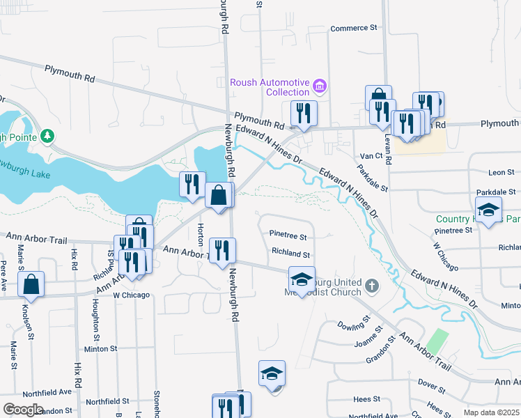 map of restaurants, bars, coffee shops, grocery stores, and more near 36772 Angeline Circle in Livonia
