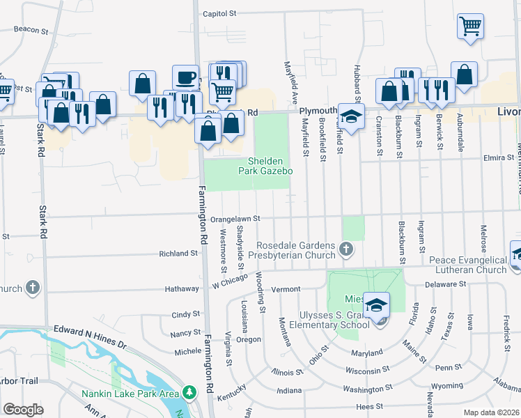 map of restaurants, bars, coffee shops, grocery stores, and more near 9928 Woodring Street in Livonia