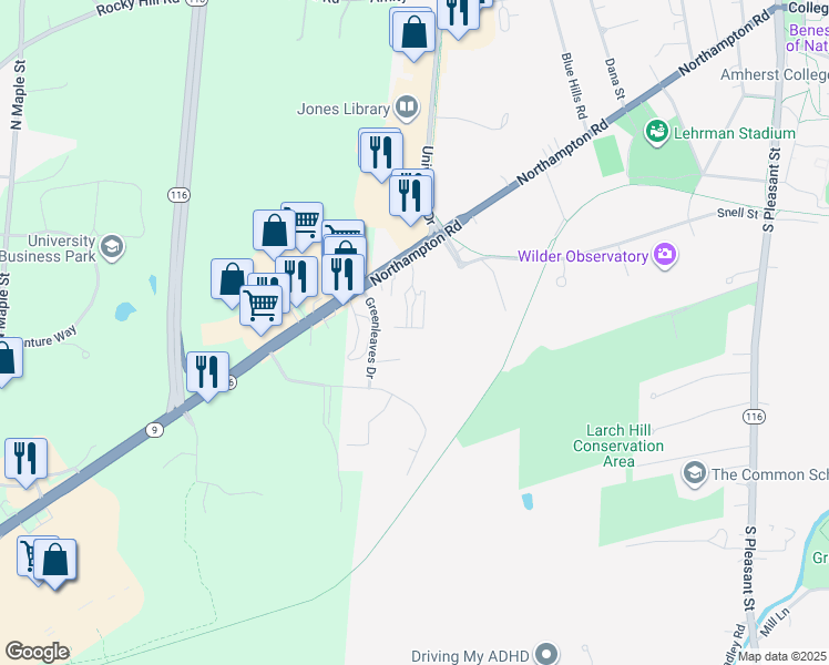map of restaurants, bars, coffee shops, grocery stores, and more near 370 Northampton Road in Amherst