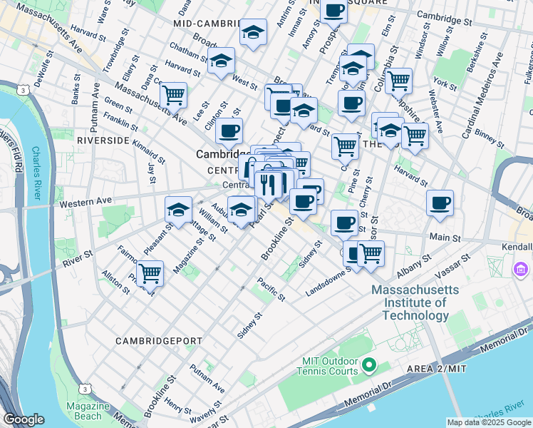 map of restaurants, bars, coffee shops, grocery stores, and more near in Cambridge