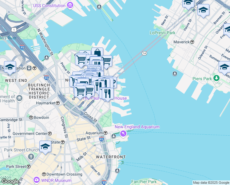 map of restaurants, bars, coffee shops, grocery stores, and more near 32 Atlantic Avenue in Boston