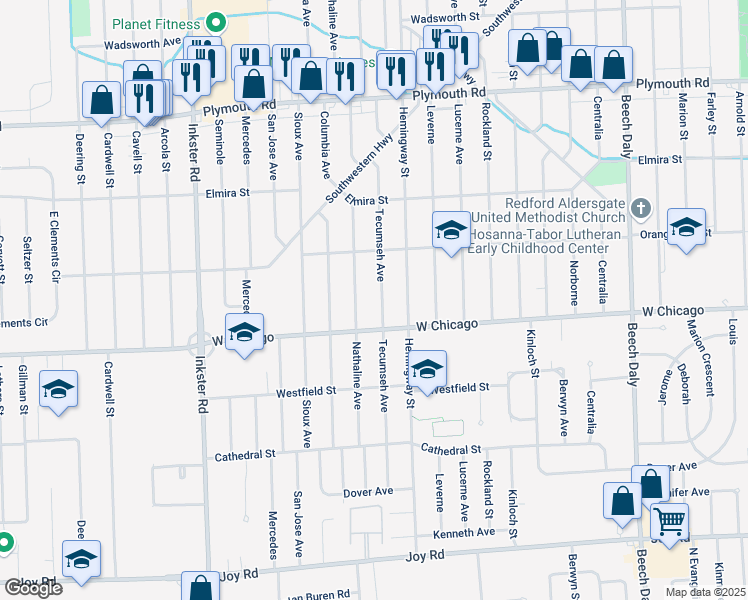 map of restaurants, bars, coffee shops, grocery stores, and more near 9599 Tecumseh in Redford Charter Township