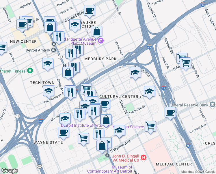 map of restaurants, bars, coffee shops, grocery stores, and more near 269 East Palmer Street in Detroit