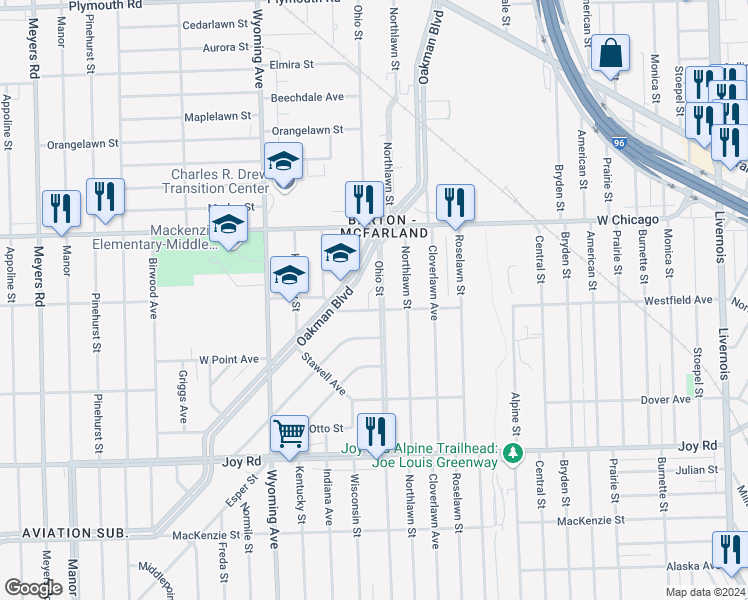 map of restaurants, bars, coffee shops, grocery stores, and more near 4801 Oakman Boulevard in Detroit