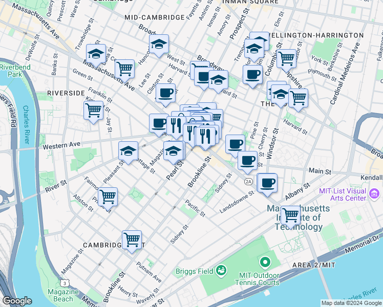 map of restaurants, bars, coffee shops, grocery stores, and more near 32 Pearl Street in Cambridge