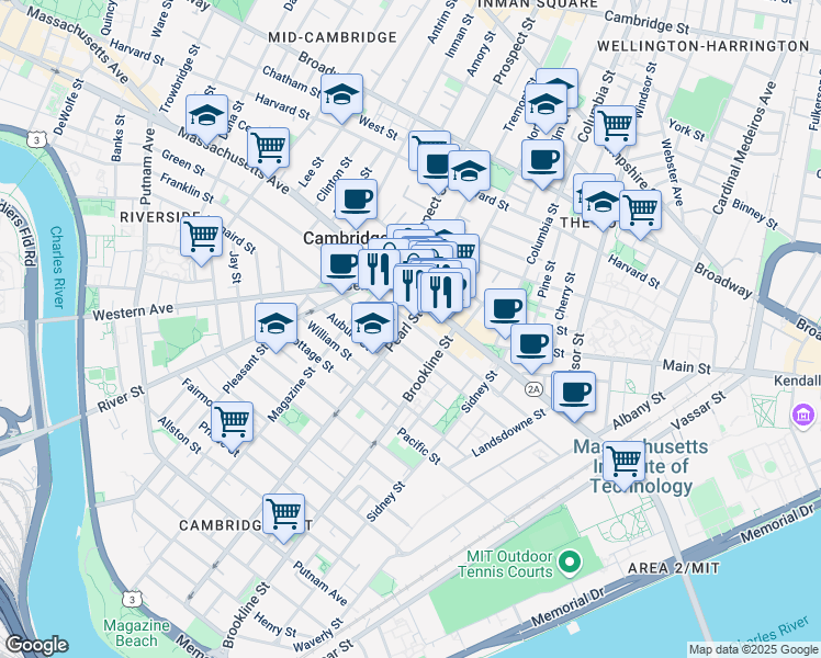 map of restaurants, bars, coffee shops, grocery stores, and more near in Cambridge