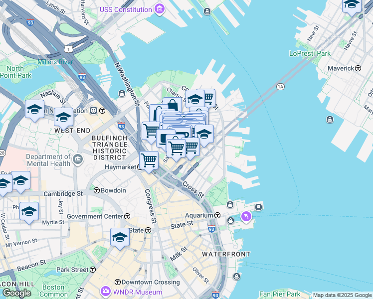 map of restaurants, bars, coffee shops, grocery stores, and more near Hanover Street in Boston
