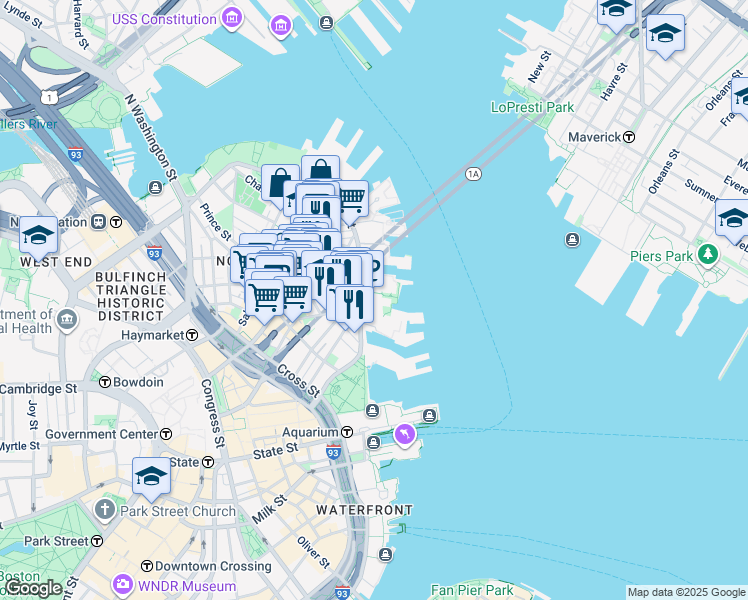 map of restaurants, bars, coffee shops, grocery stores, and more near 2 Atlantic Avenue in Boston