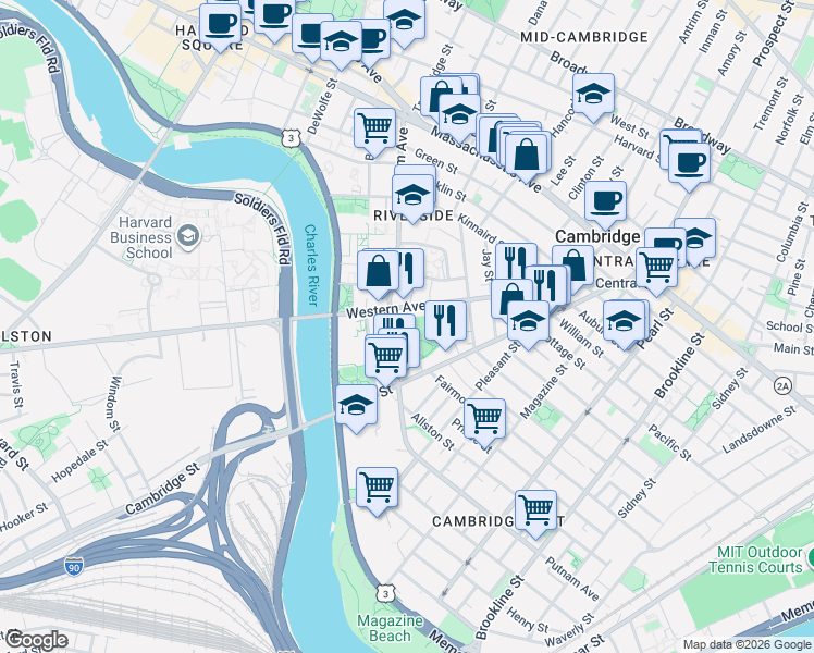 map of restaurants, bars, coffee shops, grocery stores, and more near 336 Western Avenue in Cambridge