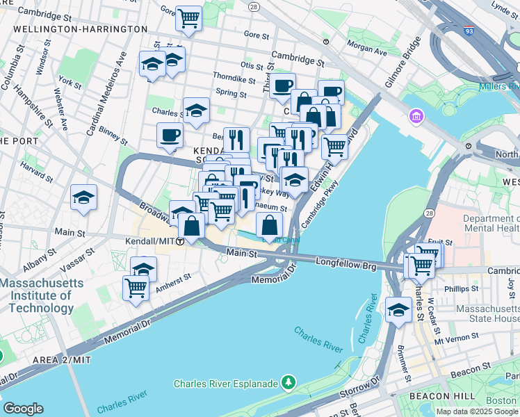 map of restaurants, bars, coffee shops, grocery stores, and more near 21 Athenaeum Street in Cambridge