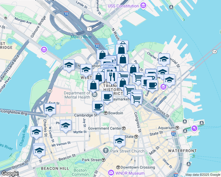 map of restaurants, bars, coffee shops, grocery stores, and more near 175 Portland Street in Boston