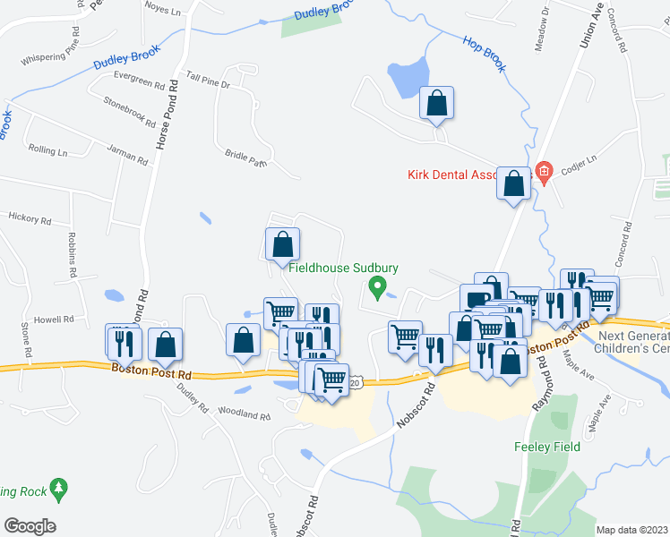 map of restaurants, bars, coffee shops, grocery stores, and more near 23 Farmstead Lane in Sudbury