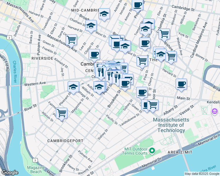 map of restaurants, bars, coffee shops, grocery stores, and more near 30 Pearl Street in Cambridge