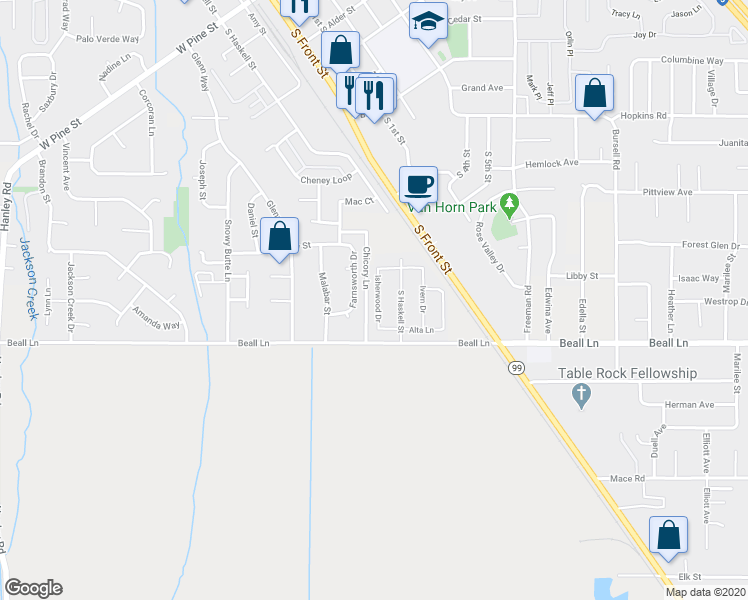 map of restaurants, bars, coffee shops, grocery stores, and more near 715 Isherwood Drive in Central Point