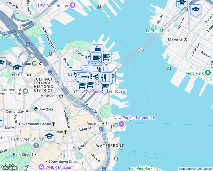 map of restaurants, bars, coffee shops, grocery stores, and more near 302-304 North Street in Boston