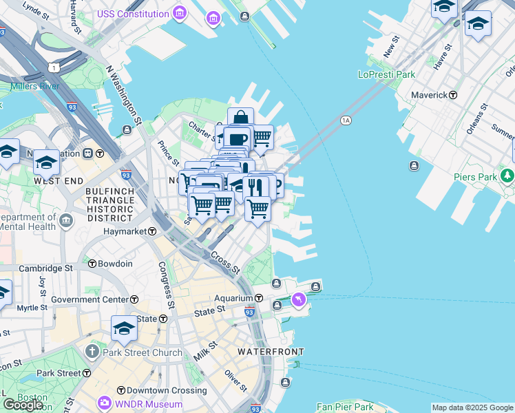 map of restaurants, bars, coffee shops, grocery stores, and more near 302-304 North Street in Boston