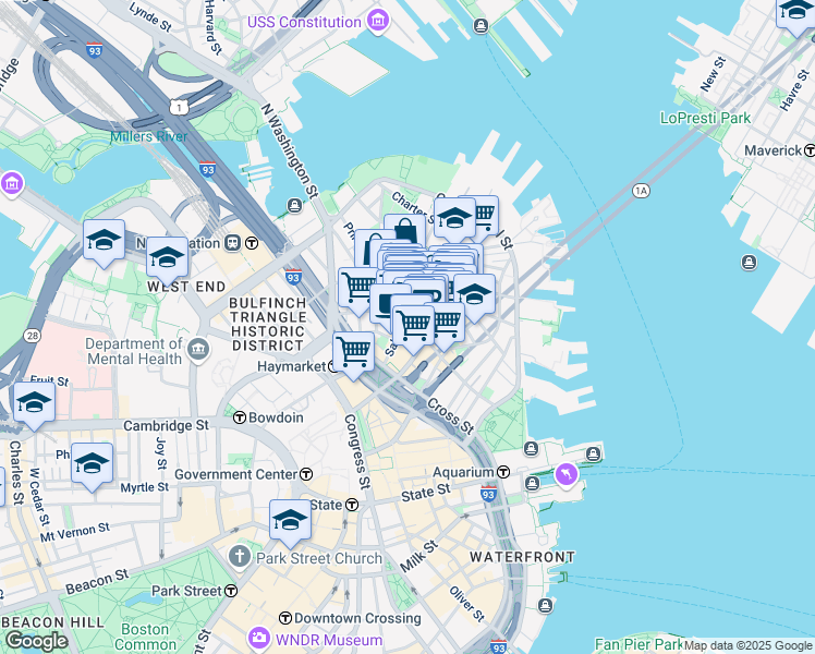 map of restaurants, bars, coffee shops, grocery stores, and more near in Boston