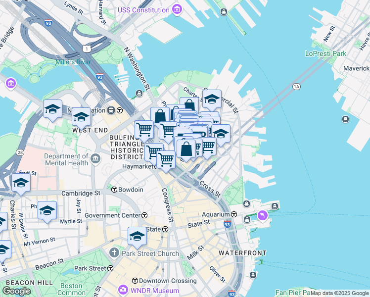 map of restaurants, bars, coffee shops, grocery stores, and more near 21 Cooper Street in Boston