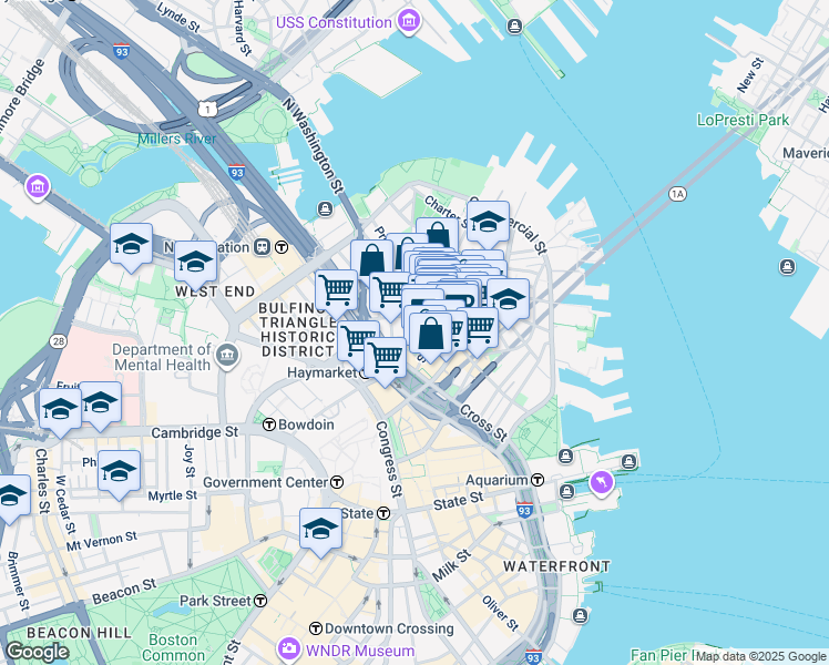 map of restaurants, bars, coffee shops, grocery stores, and more near 21 Cooper Street in Boston