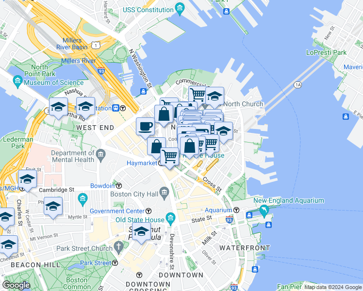 map of restaurants, bars, coffee shops, grocery stores, and more near 21 Cooper Street in Boston