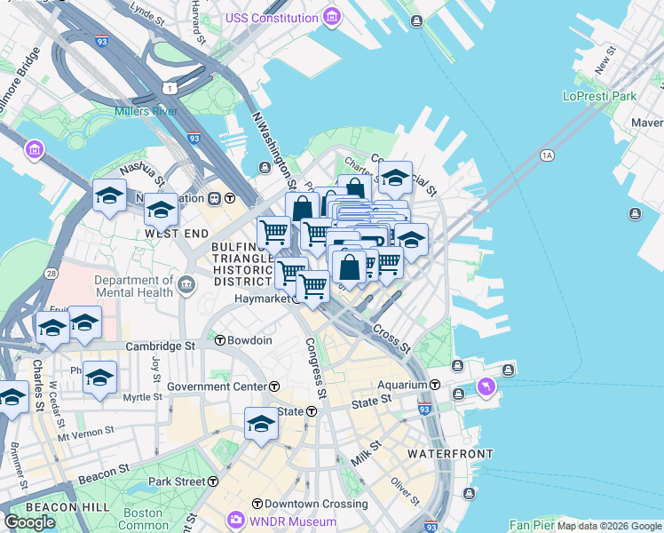 map of restaurants, bars, coffee shops, grocery stores, and more near 21 Cooper Street in Boston