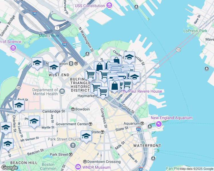 map of restaurants, bars, coffee shops, grocery stores, and more near 21 Cooper Street in Boston