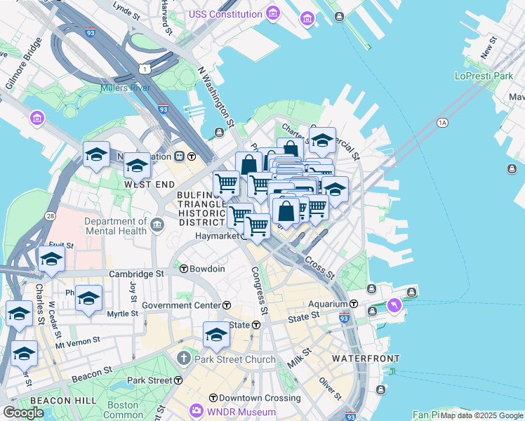 map of restaurants, bars, coffee shops, grocery stores, and more near 21 Cooper Street in Boston