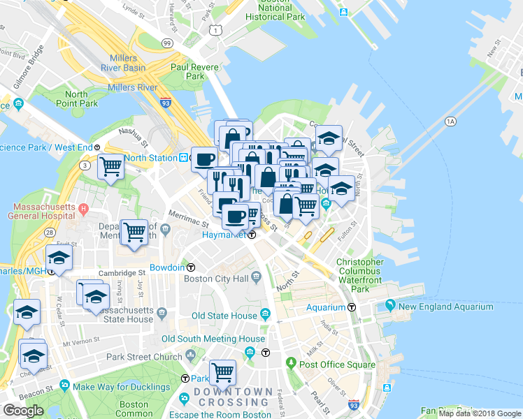 map of restaurants, bars, coffee shops, grocery stores, and more near 49 North Washington Street in Boston