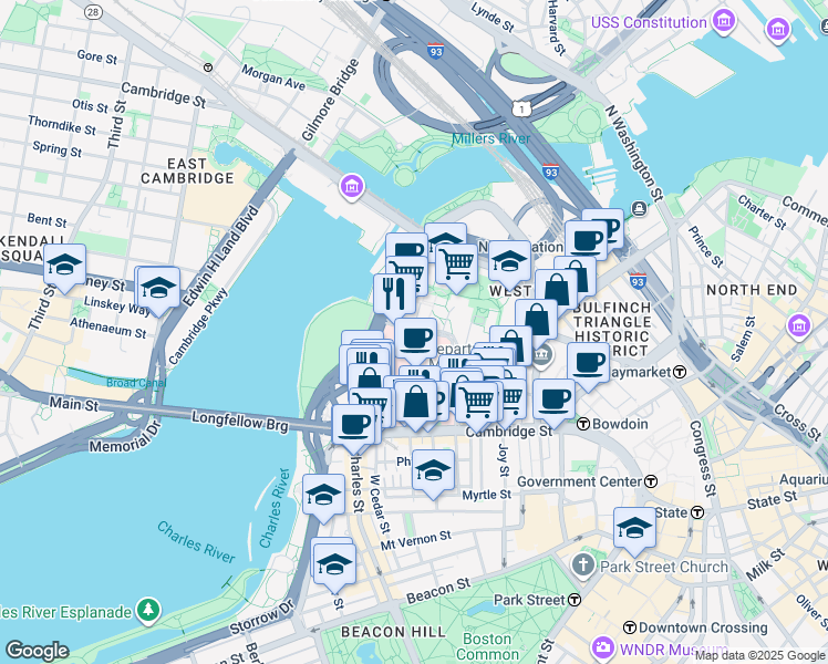 map of restaurants, bars, coffee shops, grocery stores, and more near Emerson Place in Boston