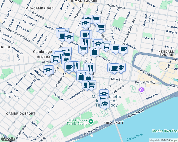 map of restaurants, bars, coffee shops, grocery stores, and more near 119 Windsor Street in Cambridge