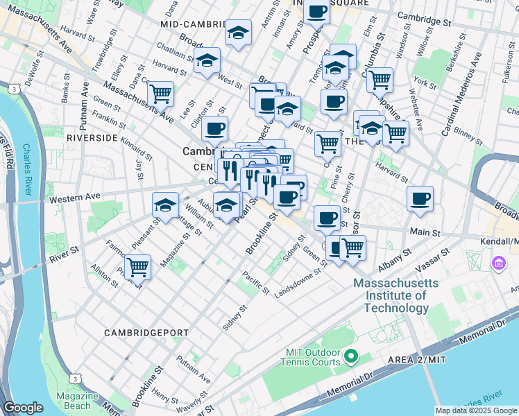 map of restaurants, bars, coffee shops, grocery stores, and more near in Cambridge