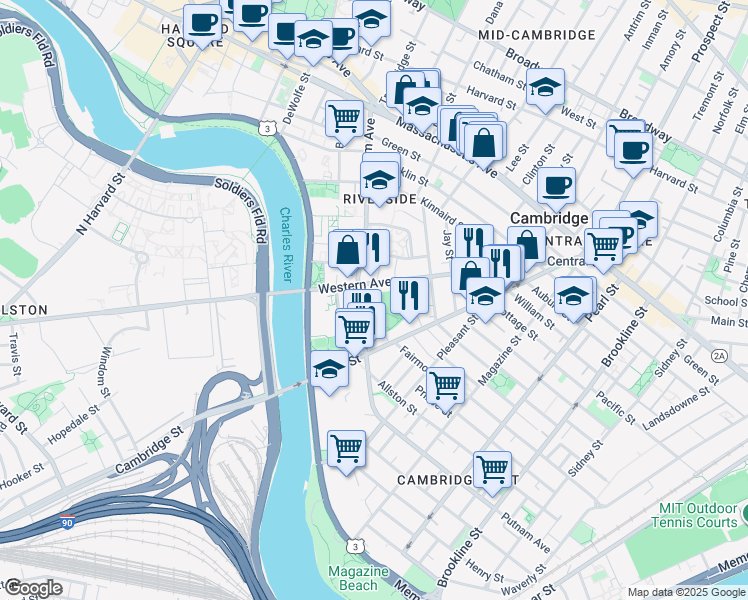 map of restaurants, bars, coffee shops, grocery stores, and more near 336 Western Avenue in Cambridge